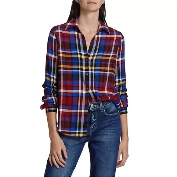 EUC L’Agence Tyler Holly Blue Red Plaid‎ Lightweight Button Down Shirt Sz XS - Picture 1 of 11